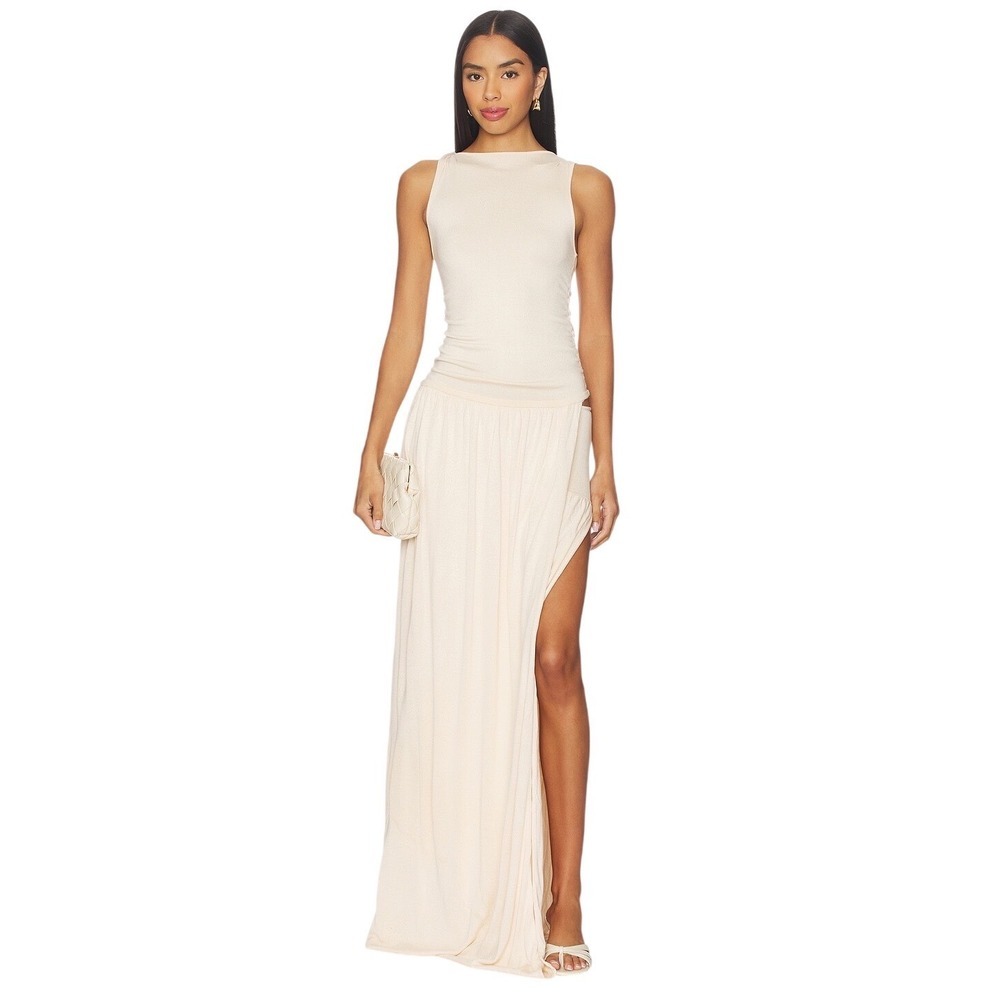 Aya Muse Echo Dress Peach Cream Silk Viscose Ruched Maxi Dress Sleeveless Medium